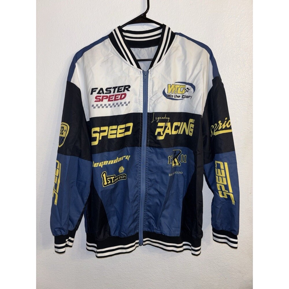 Colorblock Racing Elements & Letter Print Casual Moto Jacket Size L